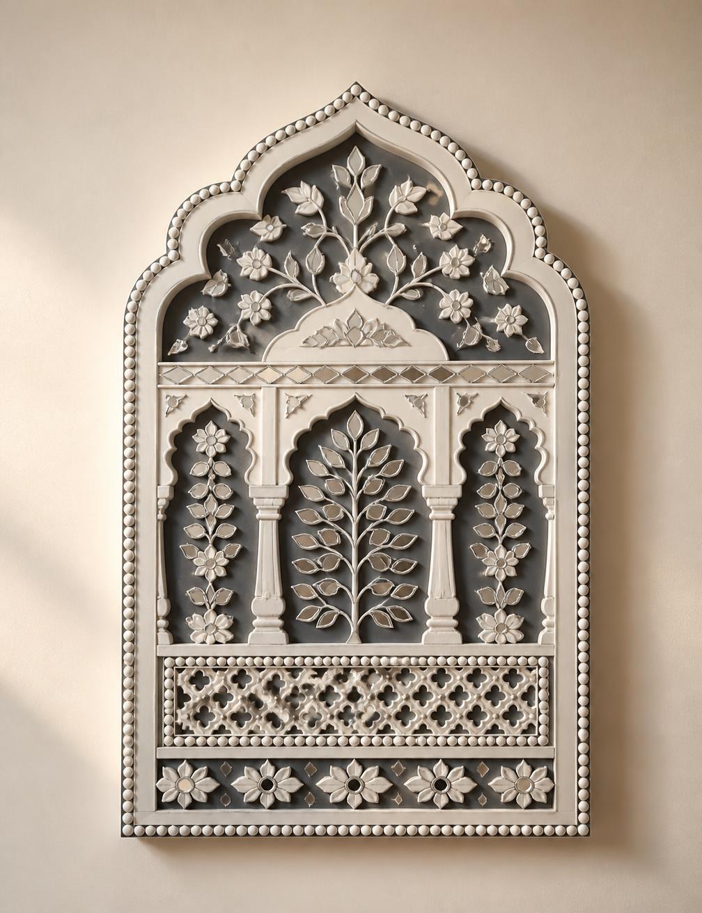 Jharokha in Monsoon Grey — handmade clay relief and mirror inlay on charcoal base by Rachna Saxena