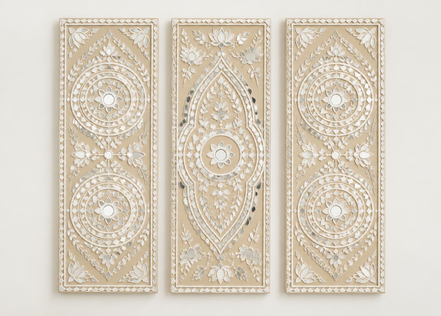 Trinity — Grand Corridor Triptych — handmade three-panel clay relief with mirror inlay by Rachna Saxena