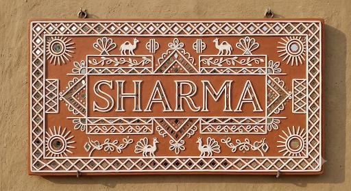 Dwaraka — 18x12-Inch Classic Lippan Door Nameplate — handmade fine clay relief and mirror work with personalized script by Rachna Saxena