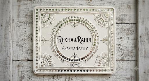 Pravesh — 20x16-Inch Hand-Carved Lippan Nameplate — handmade clay relief, hand-cut mirrors, brass accents and custom lettering by Rachna Saxena