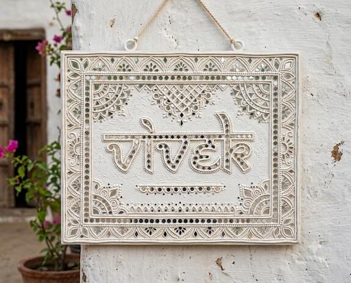 Aalayam — 20x16-Inch Intricate Mirror Door Nameplate — handmade waterproof treated wood, clay relief and beveled mirror inlay by Rachna Saxena