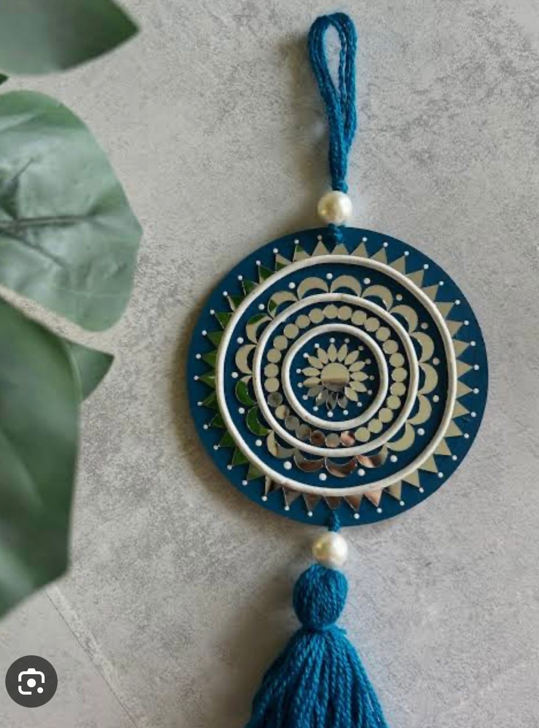 Yatra Suraksha — 4-Inch Handcrafted Lippan Car Hanging — handmade double-sided lippan medallion with silk thread and protective tassel by Rachna Saxena