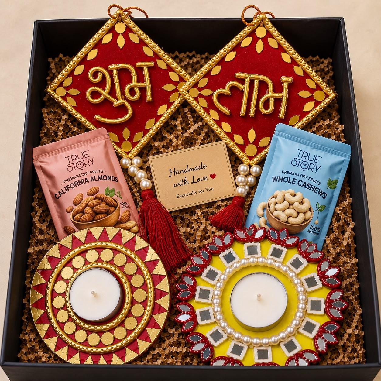 Deepavali Deluxe — Hand-Cut Mirror Gift Hamper — handmade handmade lippan gift box with curated festive art pieces by Rachna Saxena