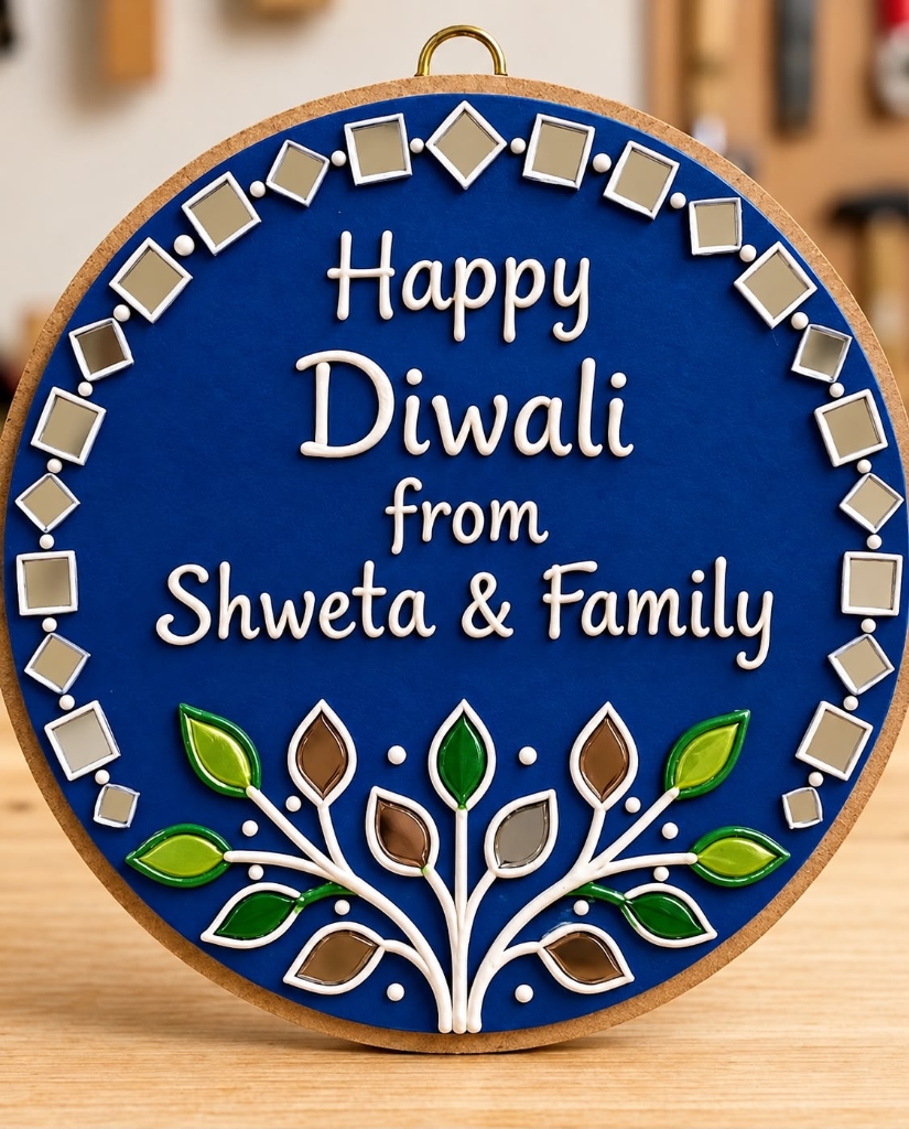 Anand Utsav — 8-Inch Royal Blue Personalized Diwali Medallion — handmade cobalt royal blue wooden plaque with clay relief tree of life, hand-cut mirrors, brass hanging loop and custom family name calligraphy by Rachna Saxena