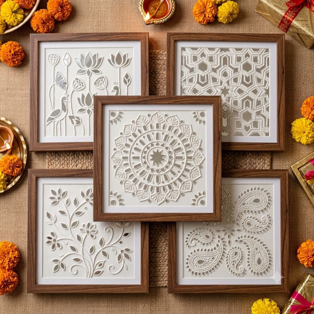 Pratibha — 6-Inch Framed White Lippan Canvas — handmade white clay relief in minimalist wooden floating frame by Rachna Saxena