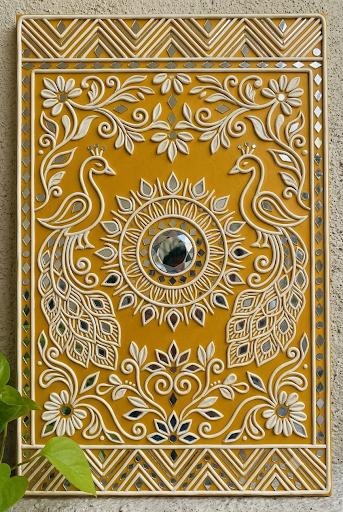 Sutra — 12x18-Inch Sacred Geometry Lippan Panel — handmade hand-worked clay relief and mirror composition by Rachna Saxena