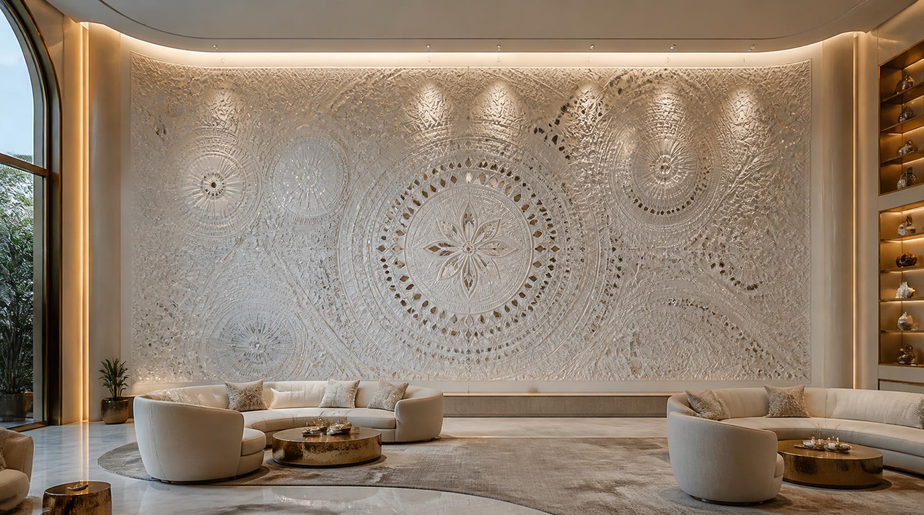 Site-Specific Lounge Wall Installation — handmade site-specific clay relief and mirror installation by Rachna Saxena