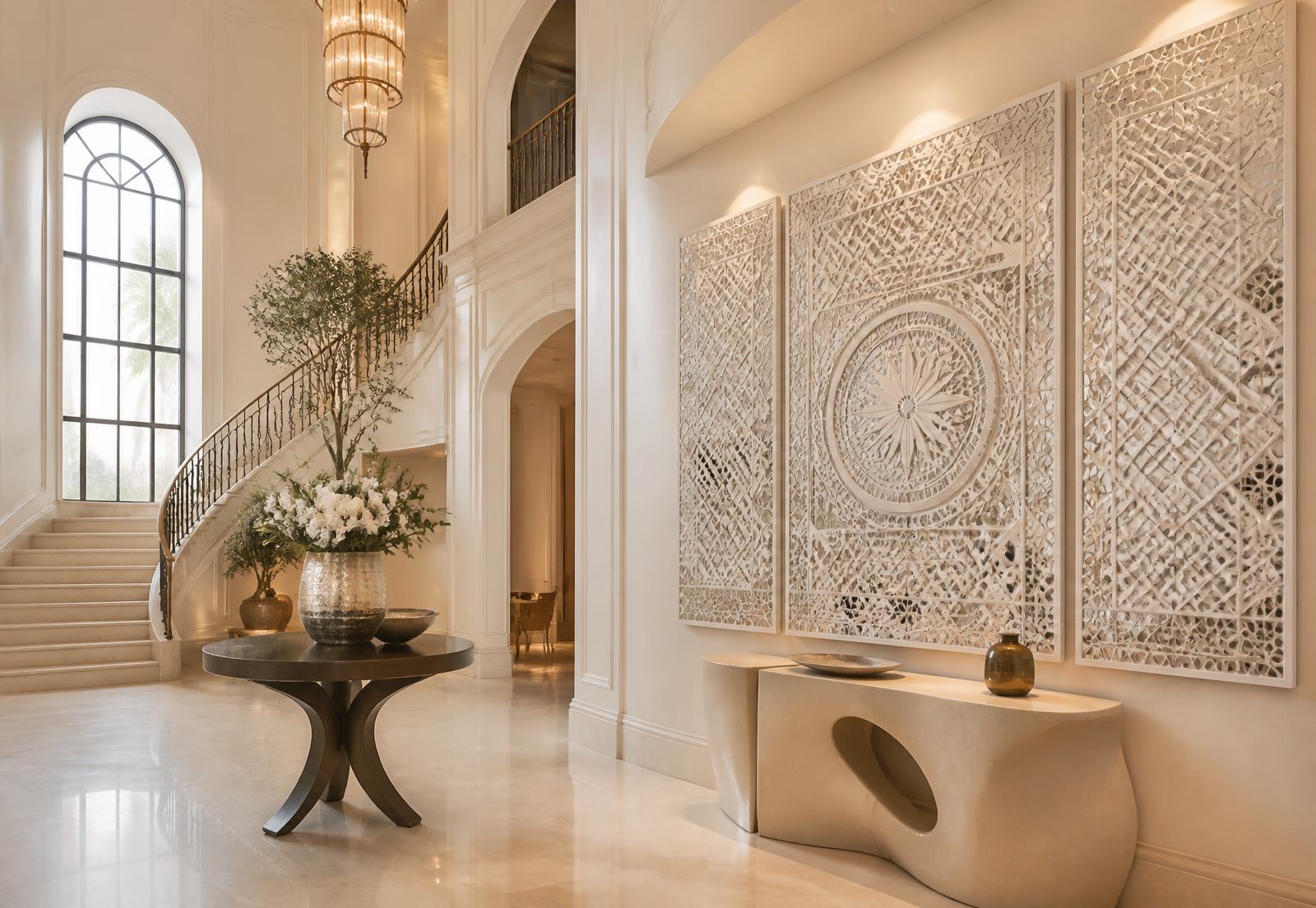 Three-panel Lippan installation in a grand villa foyer