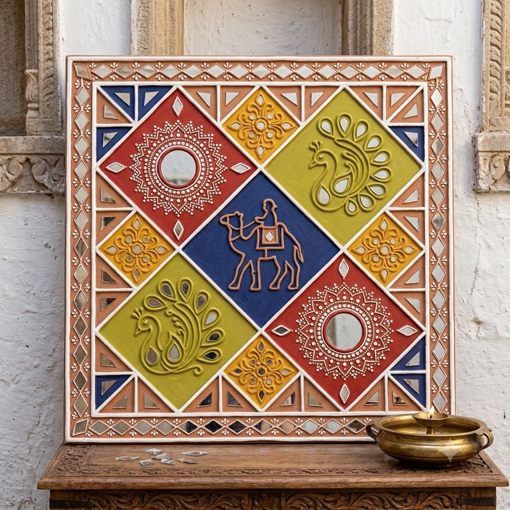Jaipuri Darbar — Hand-Piped Royal Mirror Panel — handmade hand-piped clay relief with ornate royal mirror embellishments by Rachna Saxena