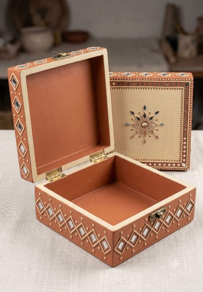 Manjusha — 4-Inch Lippan Keepsake Jewellery Box — handmade compact hand-crafted wooden box with mirror top by Rachna Saxena