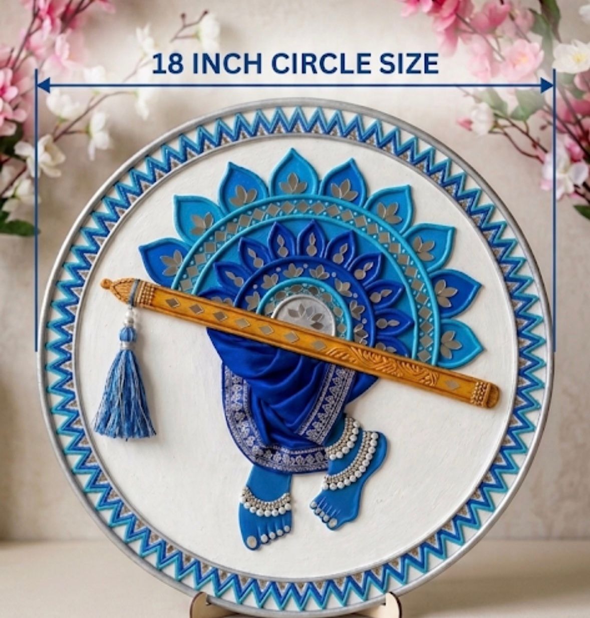 Murlidhar Krishna — Sacred Flute Lippan Centerpiece — handmade clay relief, turquoise accents, gold detailing and hand-cut mirrors by Rachna Saxena