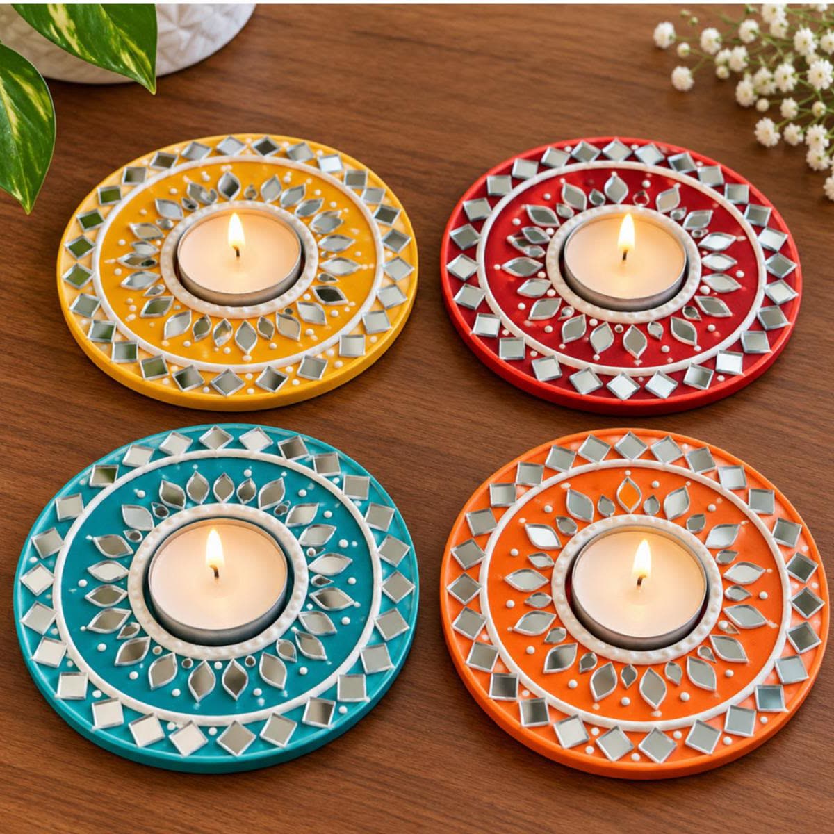 Chaturdeep — Set of 4 Lippan Mirror Tealight Holders — handmade four clay relief tealight holders in yellow, red, teal & orange with hand-cut mirror petals by Rachna Saxena