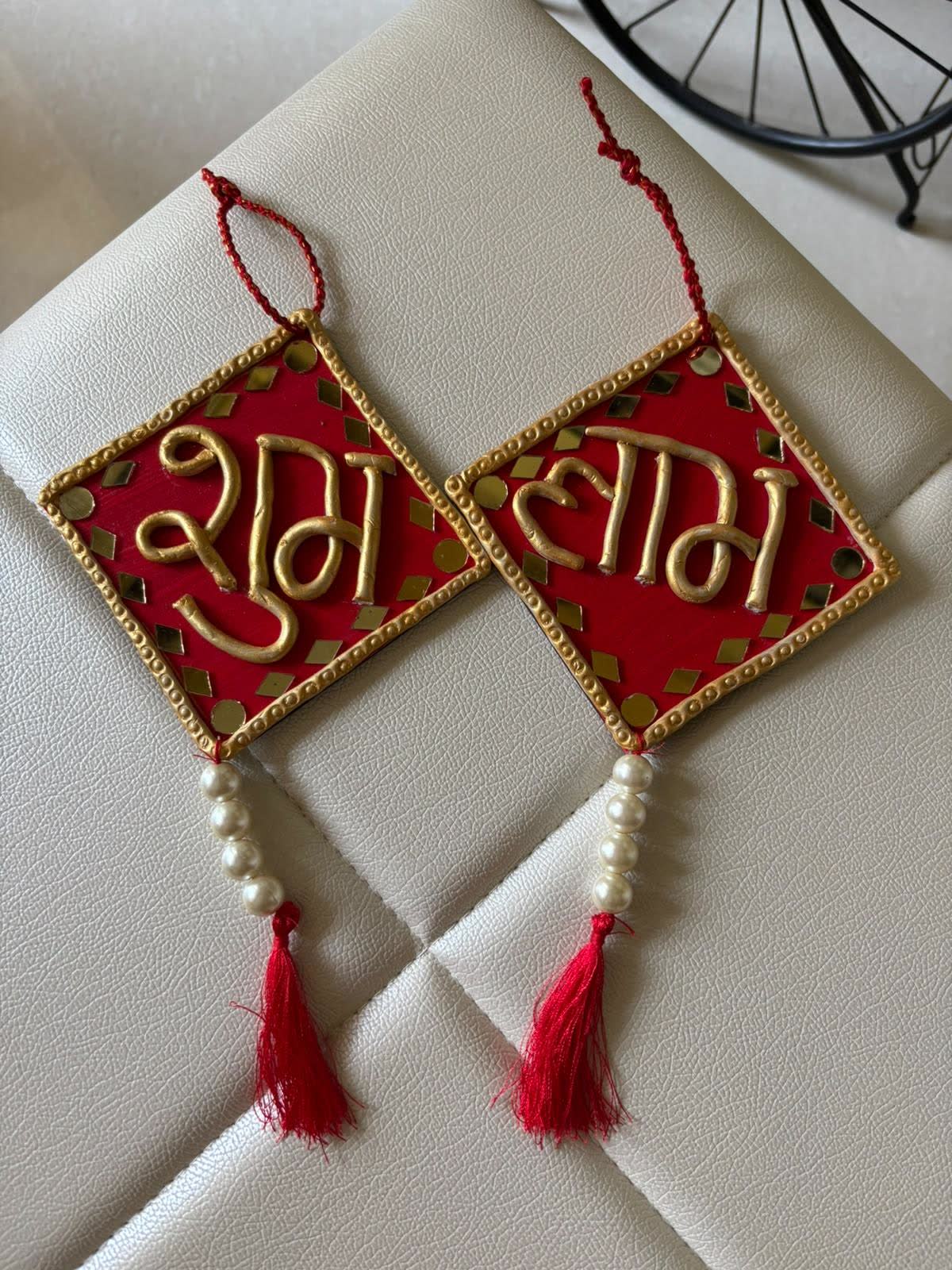 Siddhi — Traditional Shubh Labh Duo — handmade two handcrafted entrance hanging accents with mirror borders by Rachna Saxena