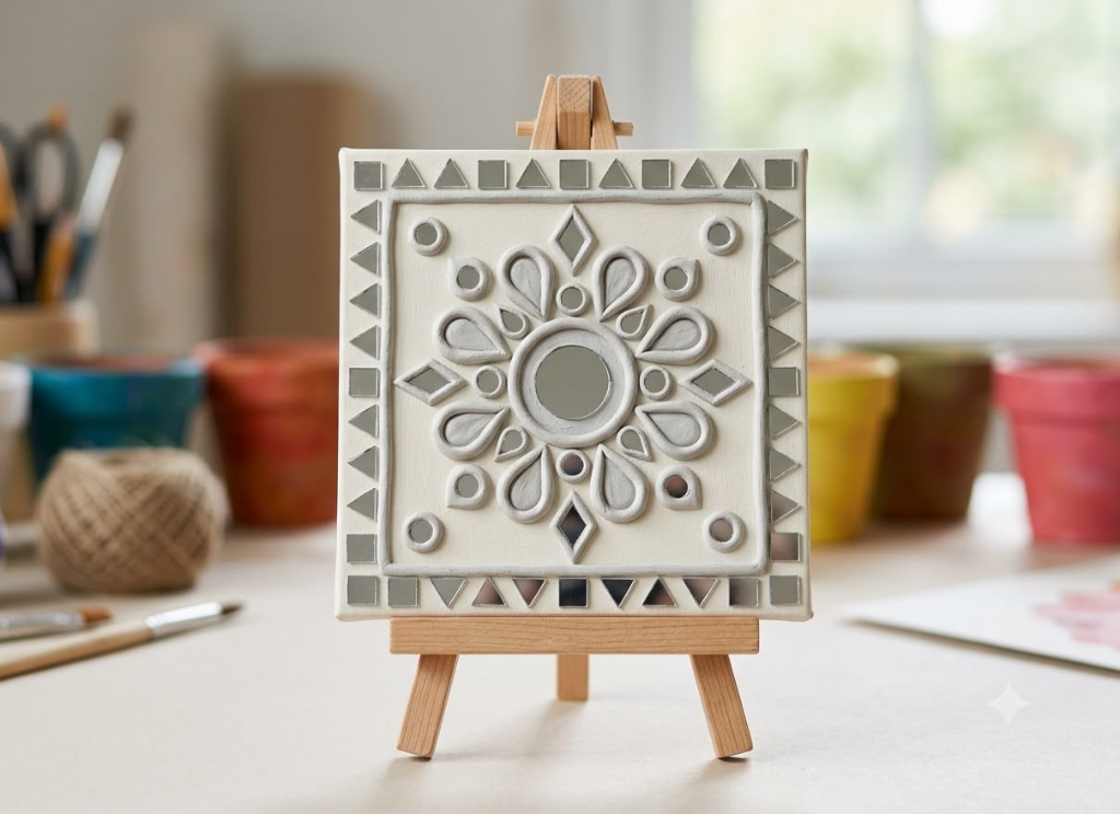 Aara — 6-Inch Lippan Art Canvas with Tabletop Display Easel — handmade hand-piped white clay relief and concentric mirror inlay on square stretched canvas, with 4-inch pine wood tabletop easel by Rachna Saxena