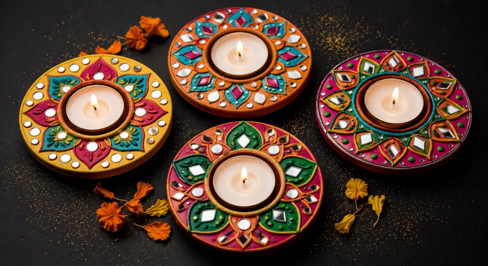 Deepavali Diya Platter — Intricate Mirror Plate — handmade 8-inch decorative wooden plate with concentric clay and mirror work by Rachna Saxena