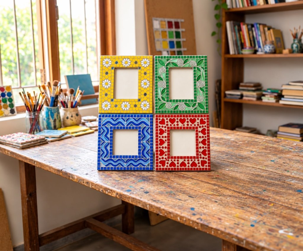 Smriti — Handcrafted Mirror Work Photo Frame — handmade 4x6-inch wooden frame adorned with clay relief and mirrors by Rachna Saxena