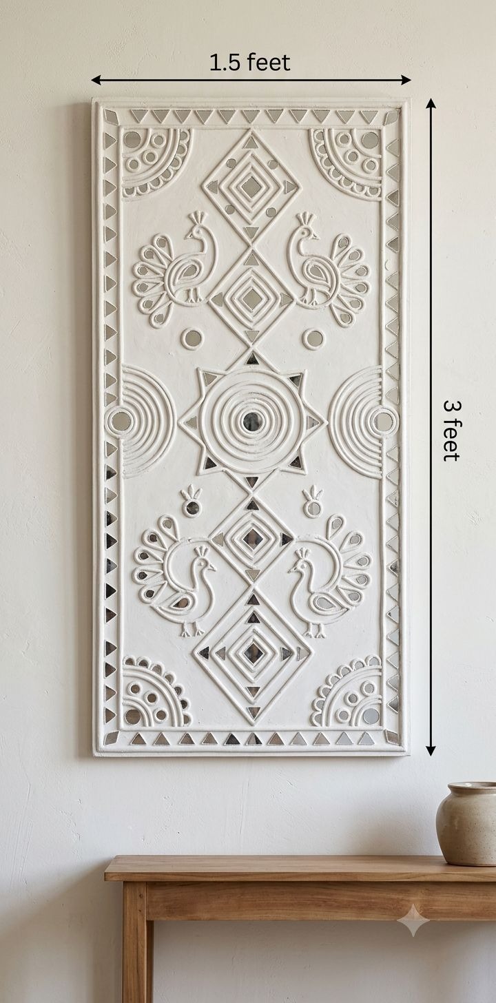 Aura — Vertical Grand Architectural Panel — handmade sculptural clay relief with precision mirror inlay by Rachna Saxena