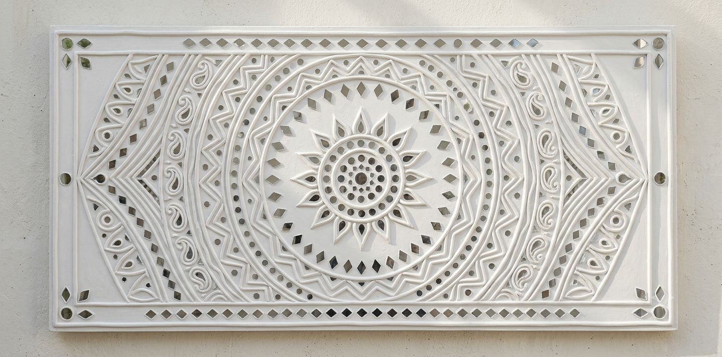 Surya — 3x2-Ft Radial Statement Panel — handmade intricate clay relief and radial mirror inlay on primed wood by Rachna Saxena