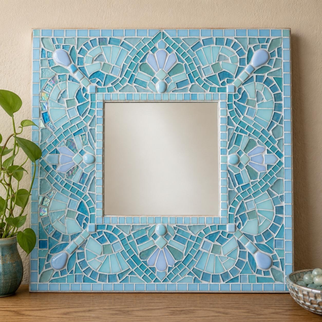Darpan — 16x16-Inch Contemporary Mosaic Mirror Panel — handmade square mosaic glass border with central reflective mirror by Rachna Saxena