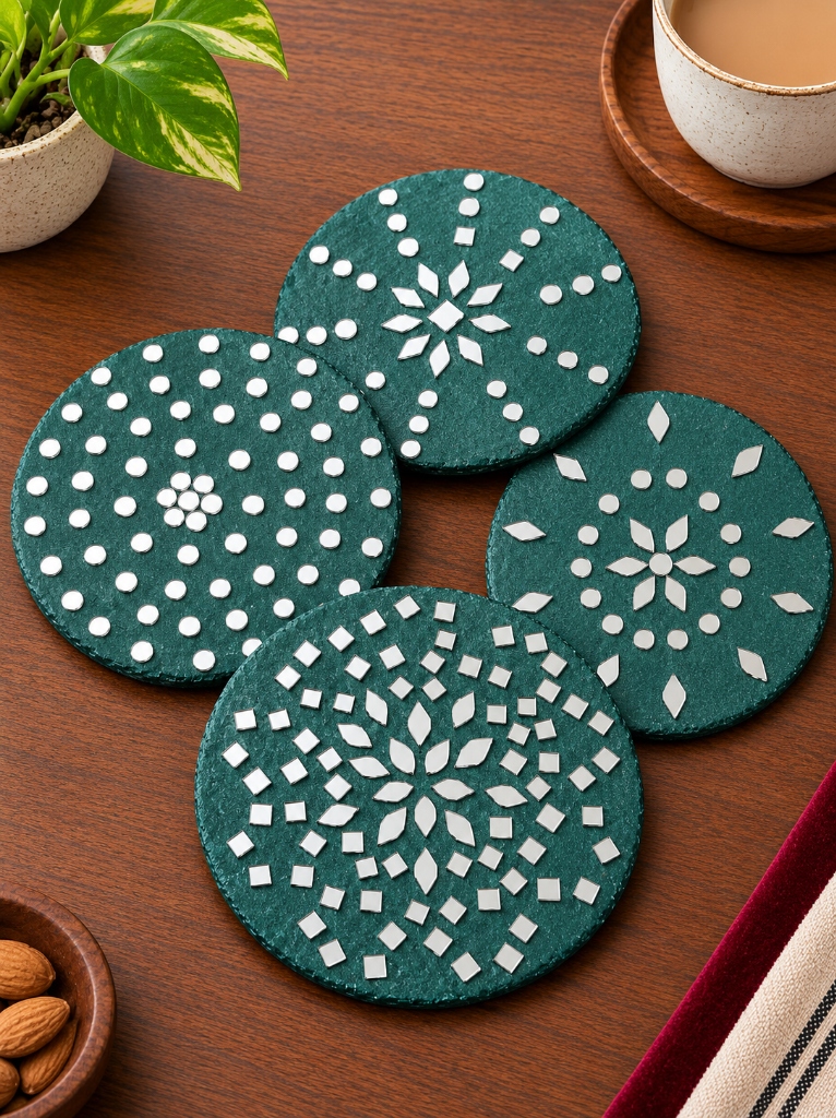 Neelam — Handcrafted Lippan & Mirror Coasters — handmade hand-textured emerald-teal clay relief with geometric mirror inlay on heat-resistant, cork-backed bases by Rachna Saxena