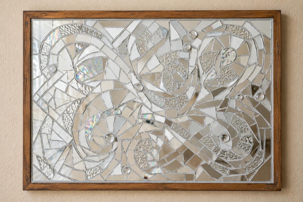 Reflections — 20-Inch Mosaic Glass Wall Artwork — handmade concentric glass mosaic tiles and mirror inlay by Rachna Saxena