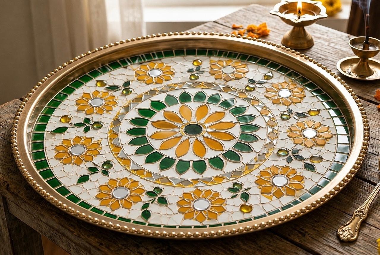 Aaradhana — 12-Inch Handcrafted Mosaic Puja Thali — handmade hand-set glass mosaic on moisture-sealed brass or wood plate by Rachna Saxena