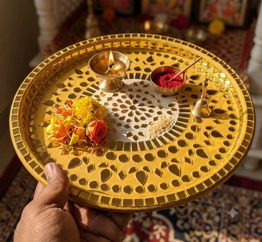 Archana — 8-Inch Mosaic Art Puja Thali — handmade glass mosaic and mirror accents on decorative thali by Rachna Saxena