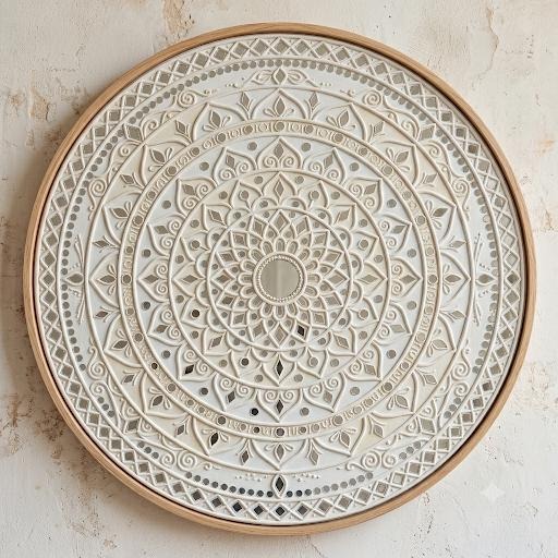 Dharani — 18-Inch Radial Earth Panel — handmade clay relief, natural earth tones and concentric mirrors by Rachna Saxena