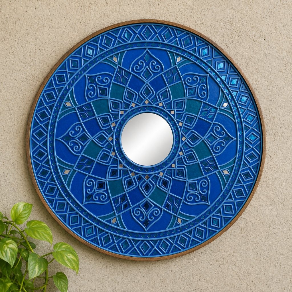 Padma — 16-Inch Lotus Circular Lippan Panel — handmade circular wooden base, hand-cut petal mirrors, fine clay piping by Rachna Saxena