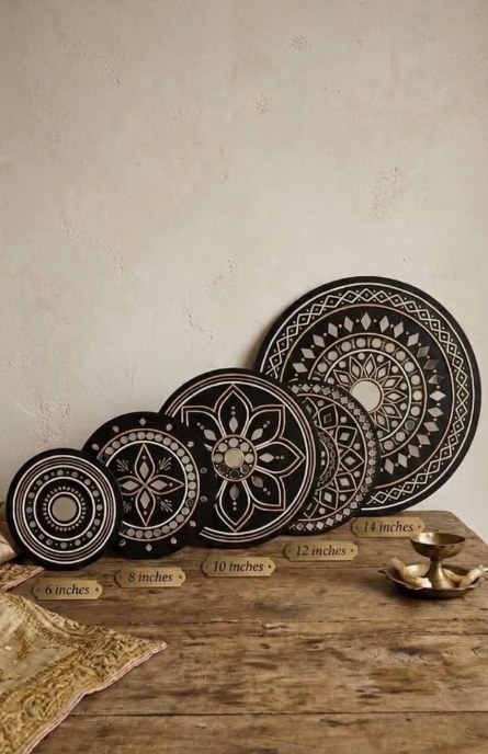 Panchtatva — Five-Tiered Wall Harmony — handmade set of 5 circular clay relief panels with hand-cut mirror inlay by Rachna Saxena