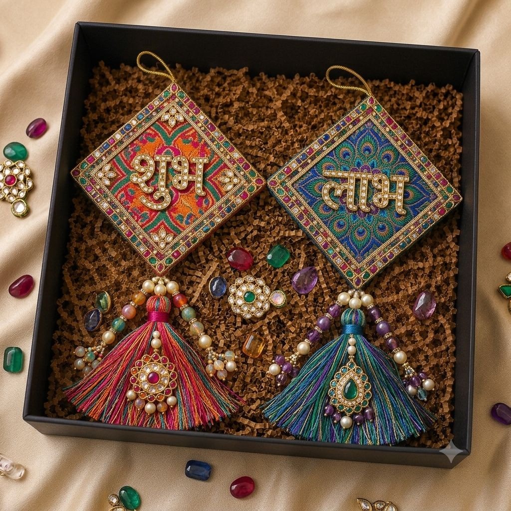 Kalyan — Set of 2 Boxed Shubh Labh Plaques — handmade two square plaques with raised relief and mirrors in display box by Rachna Saxena