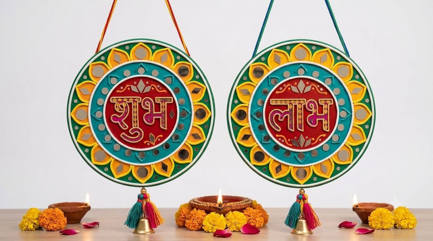 Aashirwad — Traditional Shubh Labh Entrance Duo — handmade pair of festive door accents in red, gold and clay mirror work by Rachna Saxena