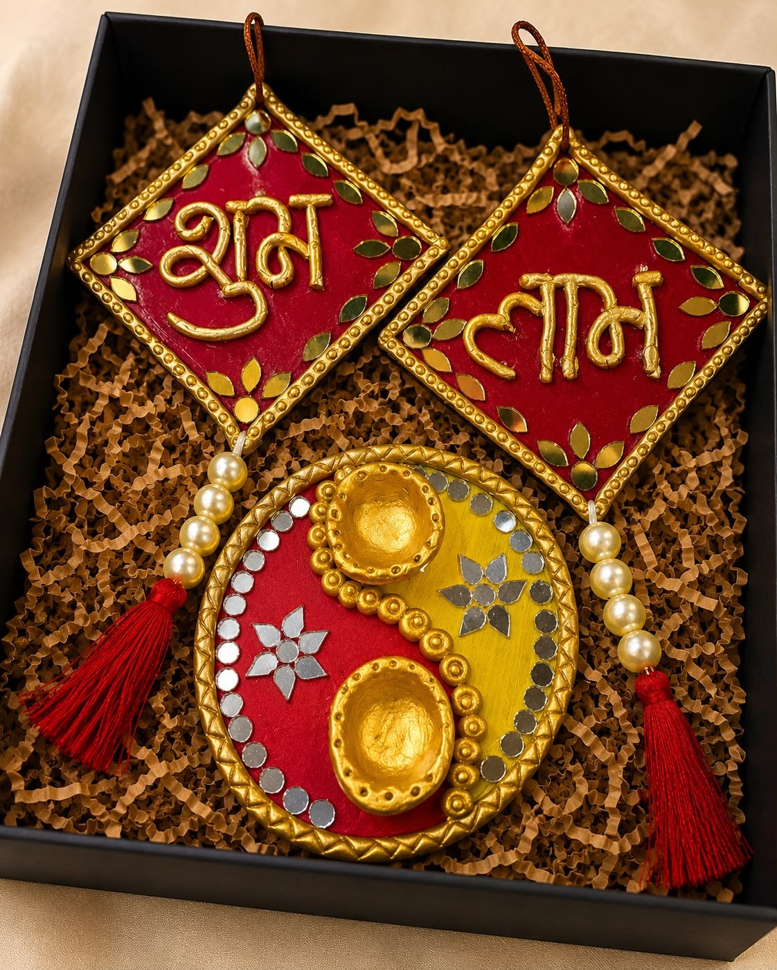 Utsav — Shubh Labh Festive Gift Pack — handmade 6-inch handcrafted shubh labh plaques with tassels by Rachna Saxena