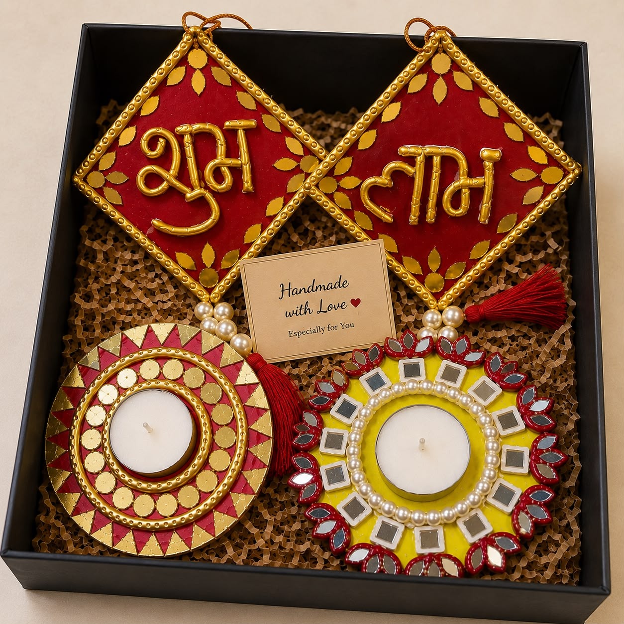Subha Karyam — Shubh Labh Gift Box — handmade 7-inch shubh labh plaques in celebratory gift packaging by Rachna Saxena