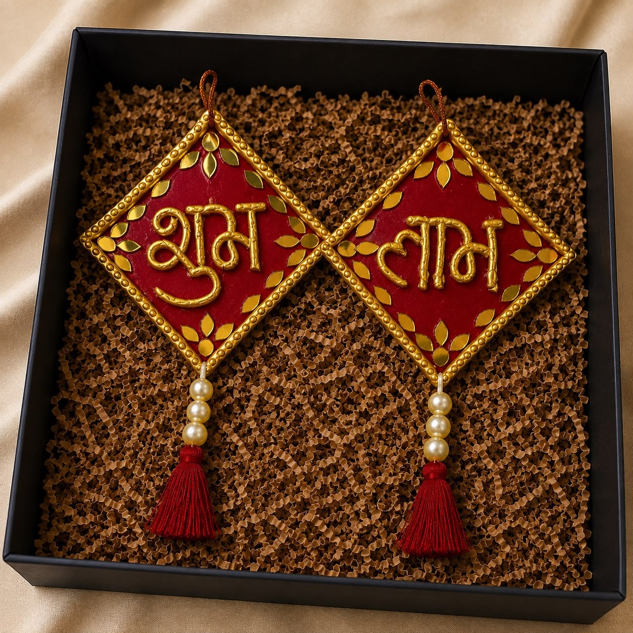Siddhi — Traditional Shubh Labh Duo — handmade two handcrafted entrance hanging accents with mirror borders by Rachna Saxena