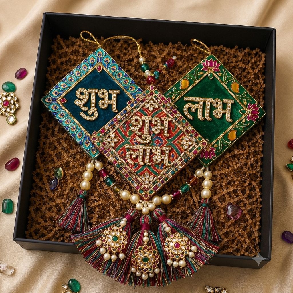 Subhashish — Set of 3 Boxed Shubh Labh Squares — handmade three boxed square plaques with auspicious calligraphy by Rachna Saxena
