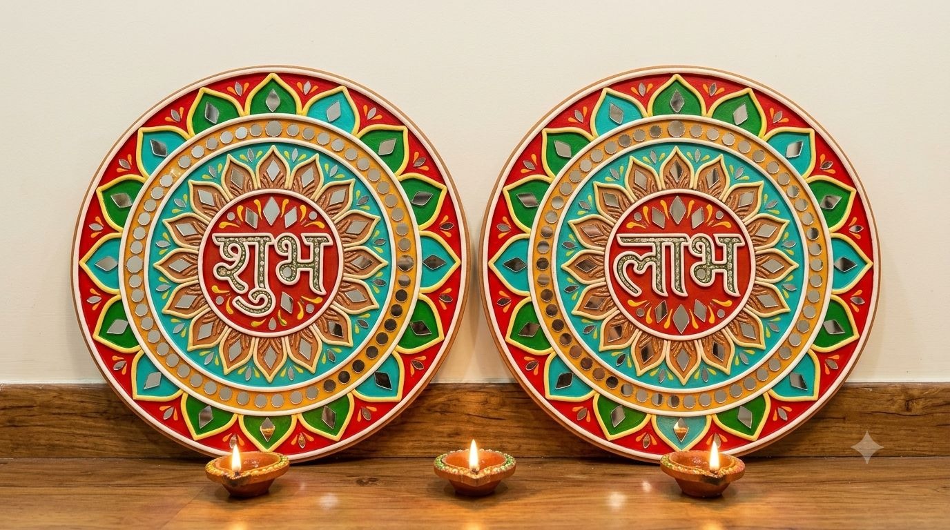 Mangalya — 6-Inch Shubh Labh Wall Medallion — handmade clay relief and mirror medallion for entrance doors by Rachna Saxena