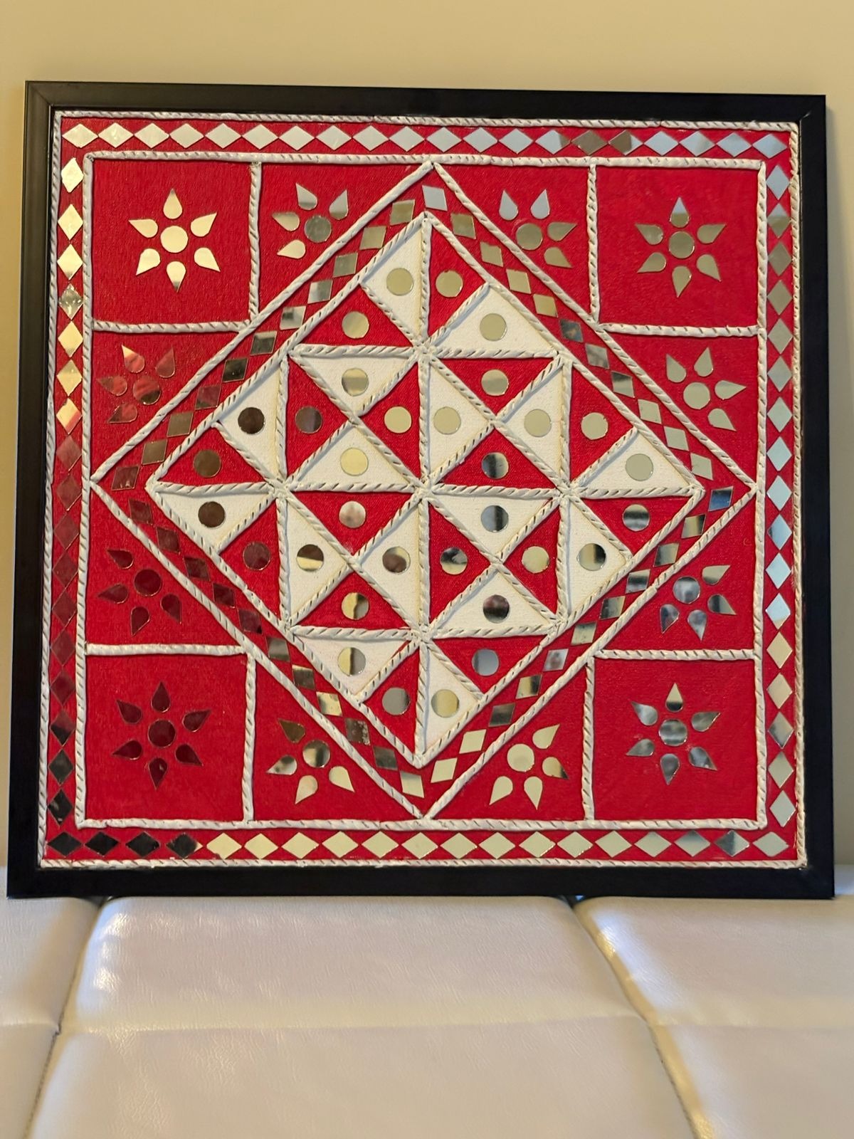 Chandra — 18x18-Inch Meditative Square Medallion — handmade handcrafted white clay relief and central mirror rosette by Rachna Saxena