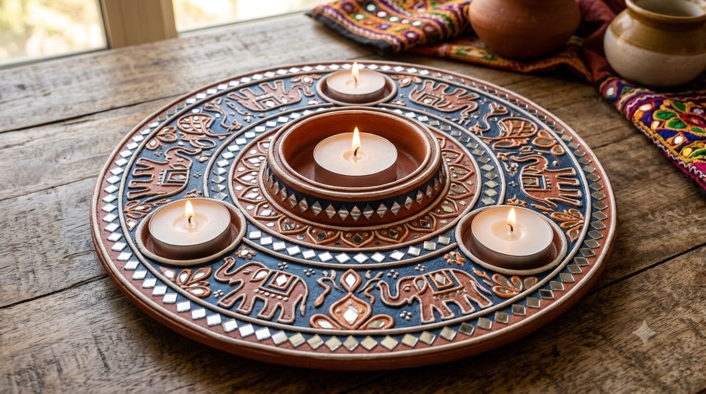 Diya Vati — 6-Inch Mirror Work Tealight Platter — handmade 6-inch circular clay plate with central tealight depression by Rachna Saxena