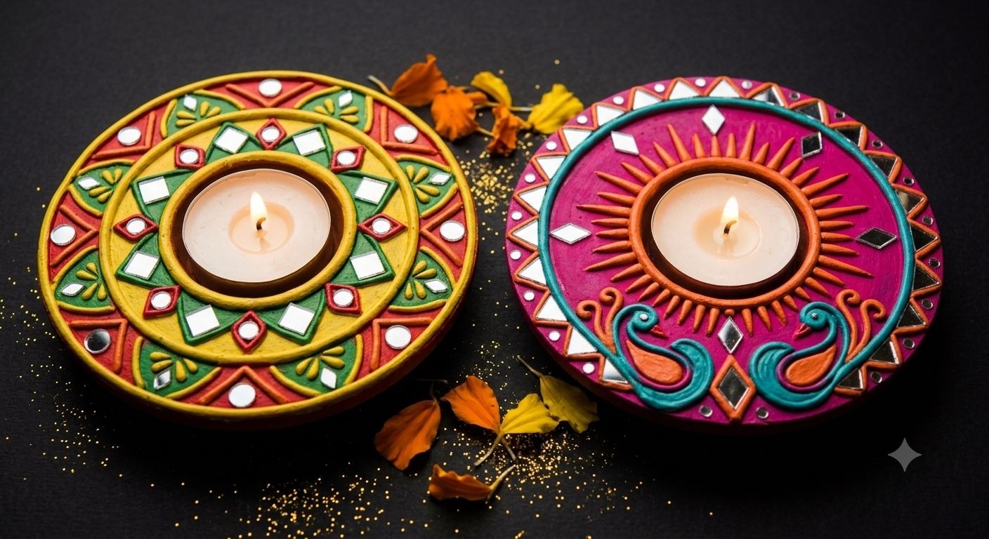 Jyotsna — Set of 2 Lippan Tealight Holders — handmade two circular tealight holders with radial mirror embellishments by Rachna Saxena