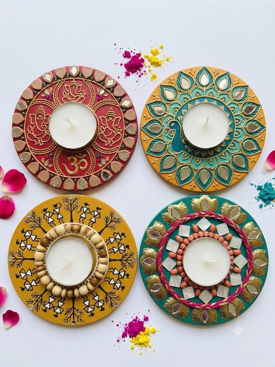Prakash — Set of 4 Lippan Tealight Candle Holders — handmade four individual clay and mirror tealight holders by Rachna Saxena