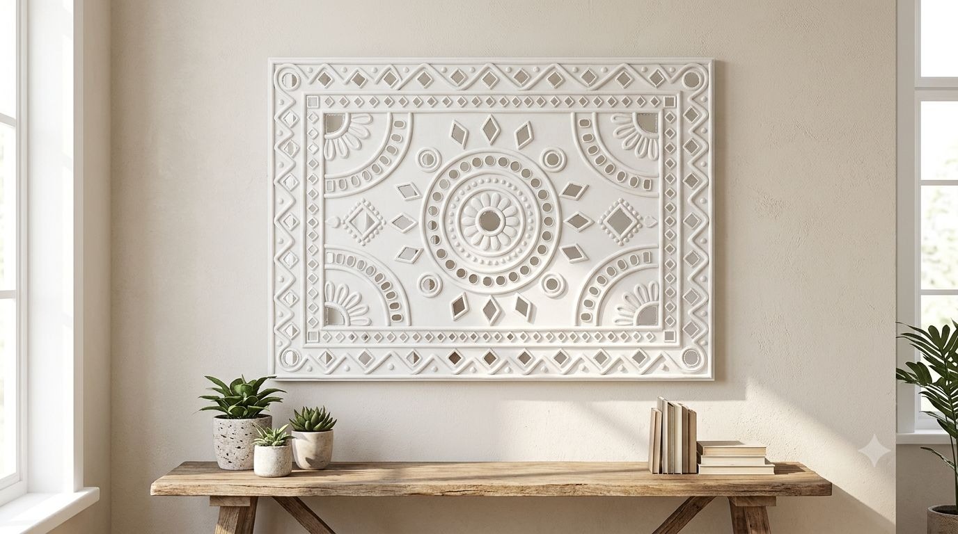 Kashvi — 18x16-Inch Minimal White Clay & Glass Relief — handmade white textured clay relief and mirror accents on sealed canvas by Rachna Saxena